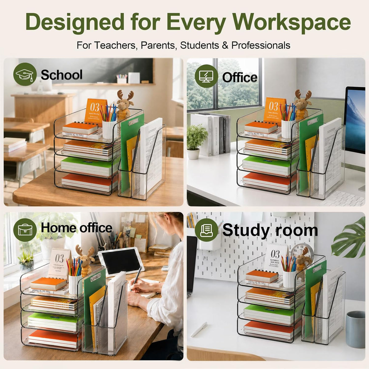 FANXIYQ 4-Tier Acrylic Paper Tray Organizer with Bookends, Paper Organizer