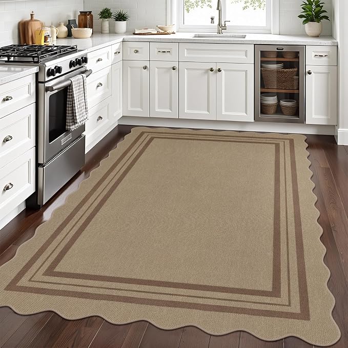 Scalloped 5x7 Rug for Living Room, Easy Jute Washable Outdoor Patio Carpet