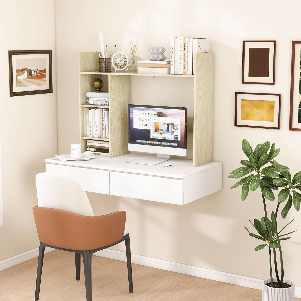 FTZxHKLX Desktop Bookshelf, 37.4" Wood Desk Hutch for Computer Desk