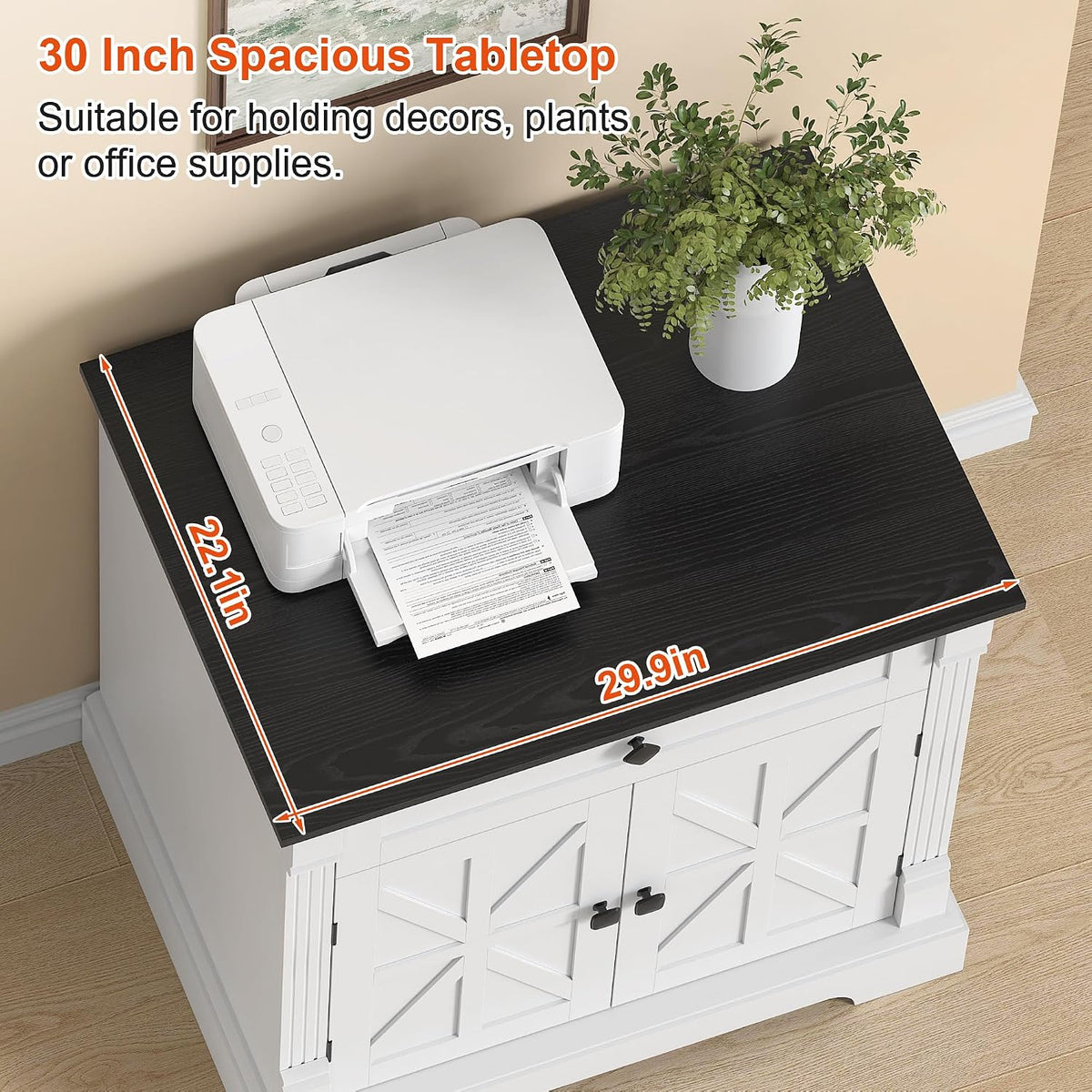 Bigbiglife Farmhouse Printer Stand, 29.9" Wide, Black Top & White Finish