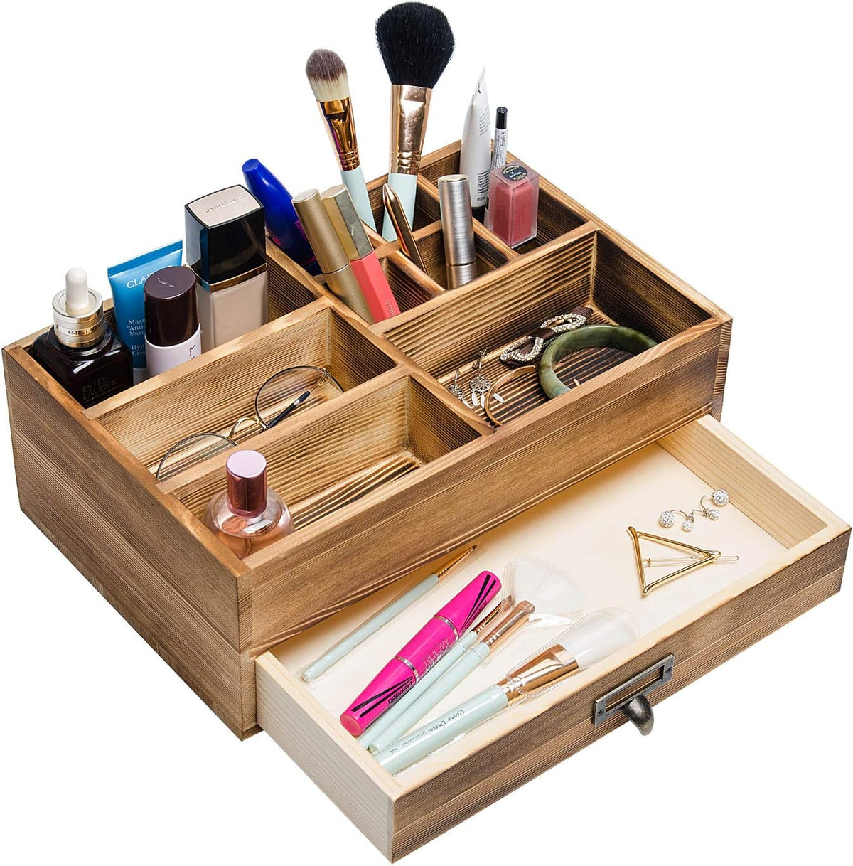 Rustic Wooden Organizer Cosmetic Storage Cabinet Makeup Display Box Office Supplies Desktop Vanity Drawers Multiple Compartments Brown Tabletop Caddy Accessary Sorter Brush Holder Home
