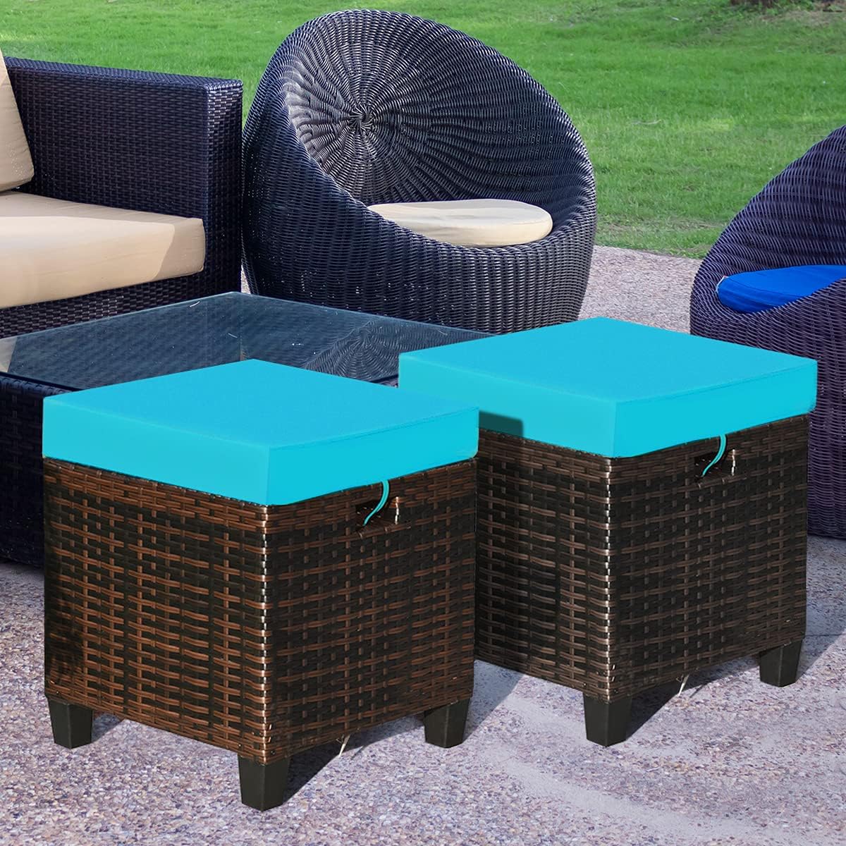 Patio Ottoman Outdoor Rattan Wicker Ottoman Seat, 2 Pieces All Weather Footstool Footrest Seat with Removable Cushions, Outdoor Ottoman Set for Patio, Porch, Poolside (Turquoise)