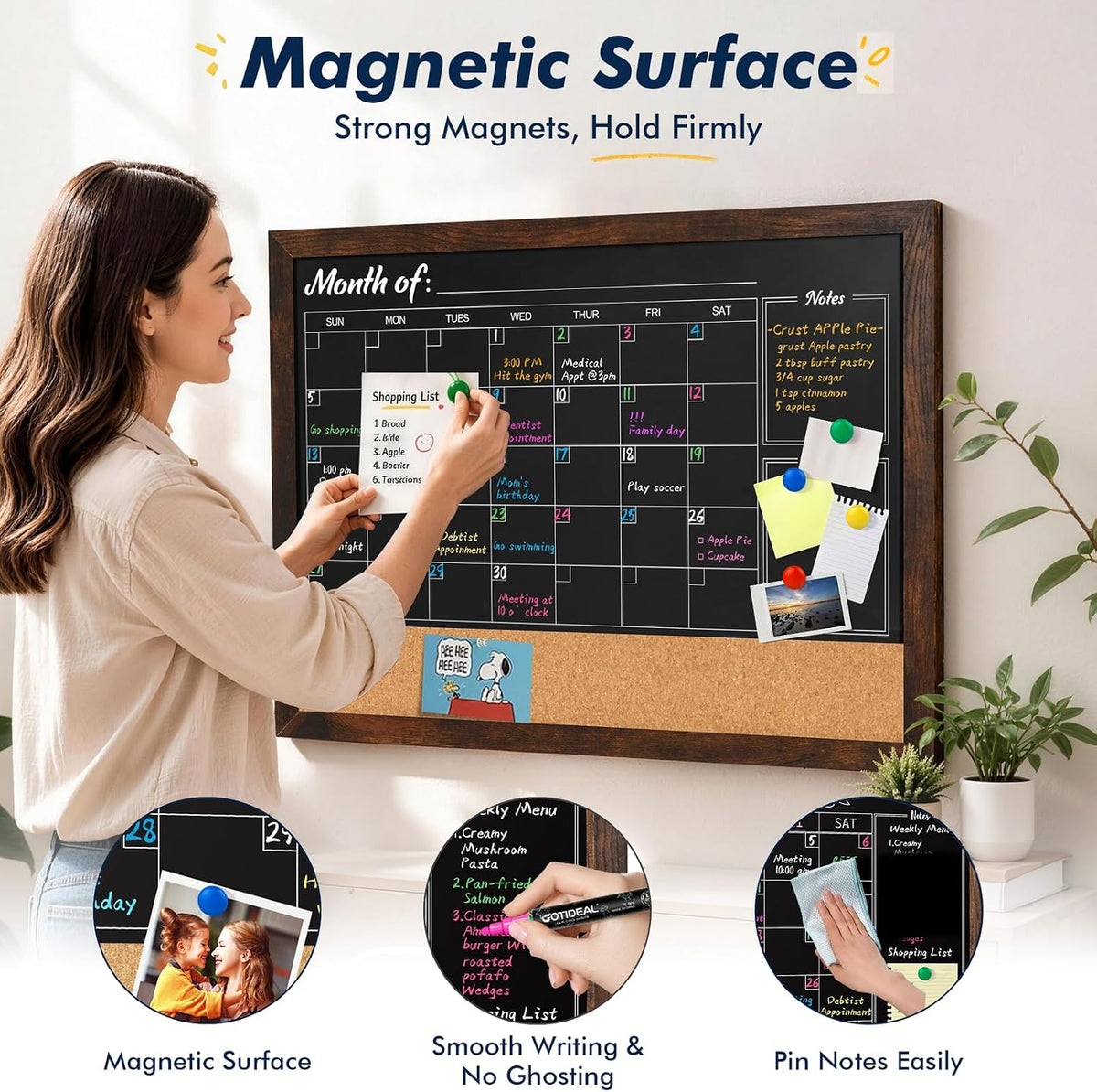 GOTIDEAL Chalkboard Calendar 36"x 24" Magnetic Chalk Calendar for Wall