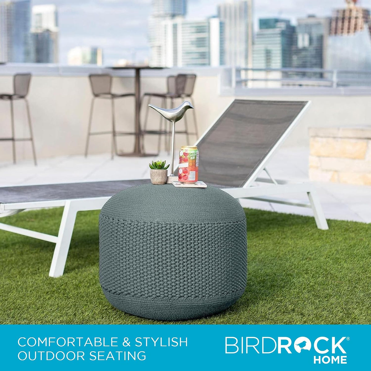 BIRDROCK HOME Indoor Outdoor Pouf Ottoman Foot Rest, Mist, 20”x20”x16”
