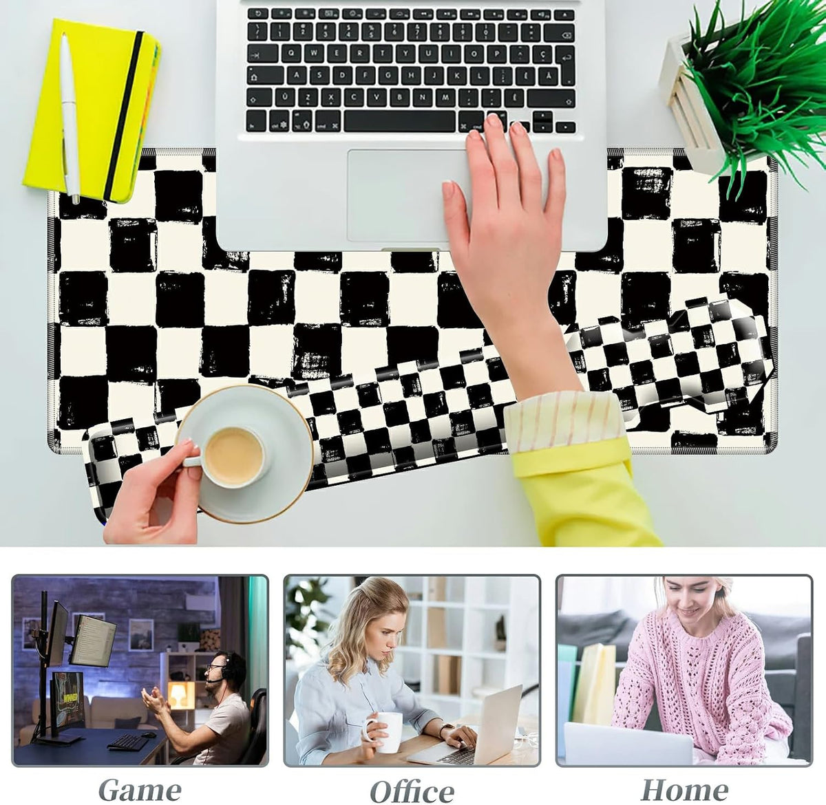 3Pcs Mouse Pad Set, Black White Checkerboard Large Gaming Mouse Pad with Stitched Edge, Ergonomic Memory Foam Keyboard Wrist Support and Mouse Wrist Rest Cushion, Pain Relief Non-Slip Desk Pad Combo