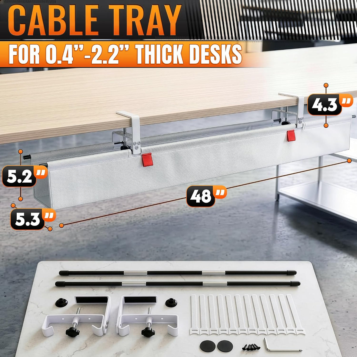 Under Desk Cable Management Tray 48" — No Drill Clamp-On Cord Organizer for Desk with Built-in Ties, Heavy Duty Metal Clamp, Foldable 600D Oxford Fabric for Home Office, WFH & Gaming PC Setup (White)