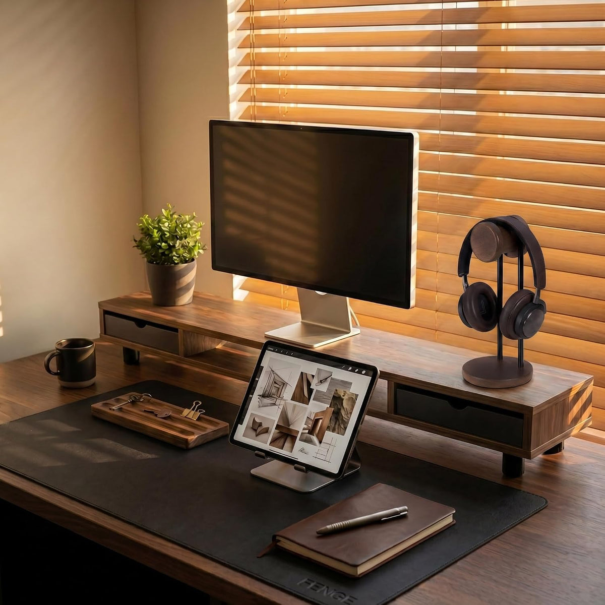 Fenge Dual Monitor Riser with 2 Drawers, 42.5in Long Desk Shelf, Brown