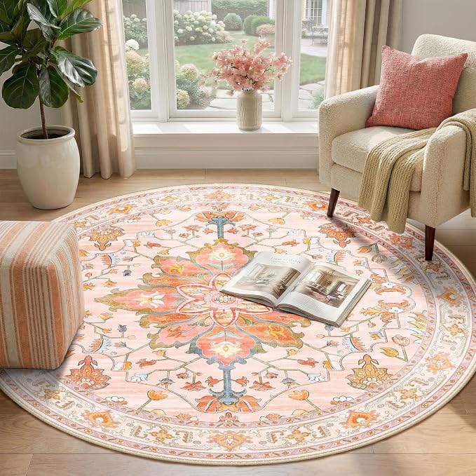 RELEANY Area Rugs Round 4ft Washable Non-Slip, Floral Vintage Distress