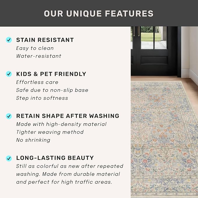 Hazo Haus Vintage Washable Beige Blue Area Rugs