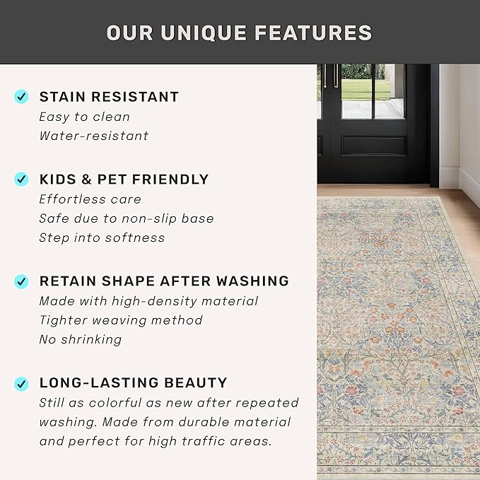 Vintage Washable Beige Blue 10x14 Rug