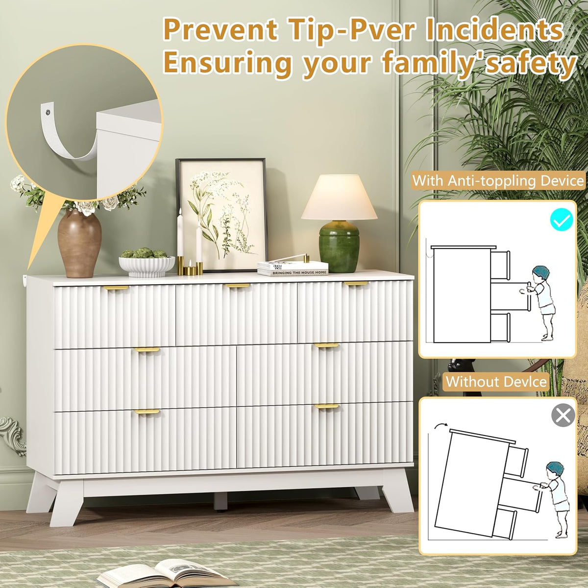 Wodeer 7 Drawer Fluted Dresser for Bedroom, Mid Century Modern Dresser with 7 Drawers, Dressers & Chests of Drawers with Metal Handle, TV Stand & Storage Organizer for Entryway, Hallway, White