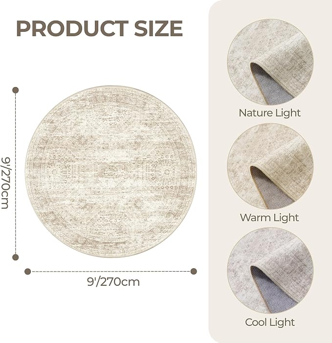 Round Rug 9ft, Washable Circle Rug
