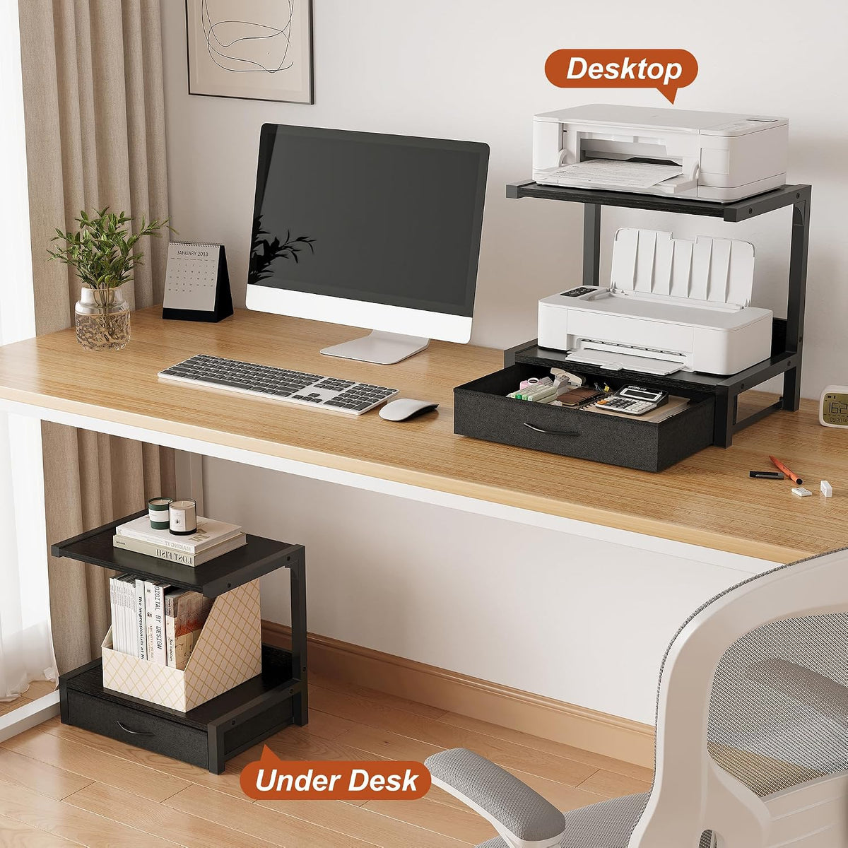 Desktop Printer Stand with Fabric Drawer, Printer Stand for Desk, 2-Tier Desk Shelf Organzier for Home Office, Above and Under Desk, Fax Machine, Scanner, Black