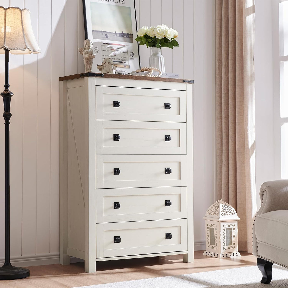 T4TREAM 48" Tall Farmhouse 5-Drawer Dresser for Bedroom, Antique White