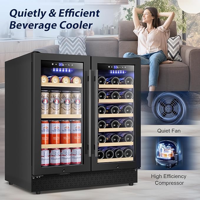 Tylza 30 Inch Wine and Beverage Refrigerator, Dual Zone Wine Beverage Cooler 30" with French Door, Under Counter Wine Beer Fridge Built-In or Freestanding, Holds 29 Bottles and 110 Cans, Black