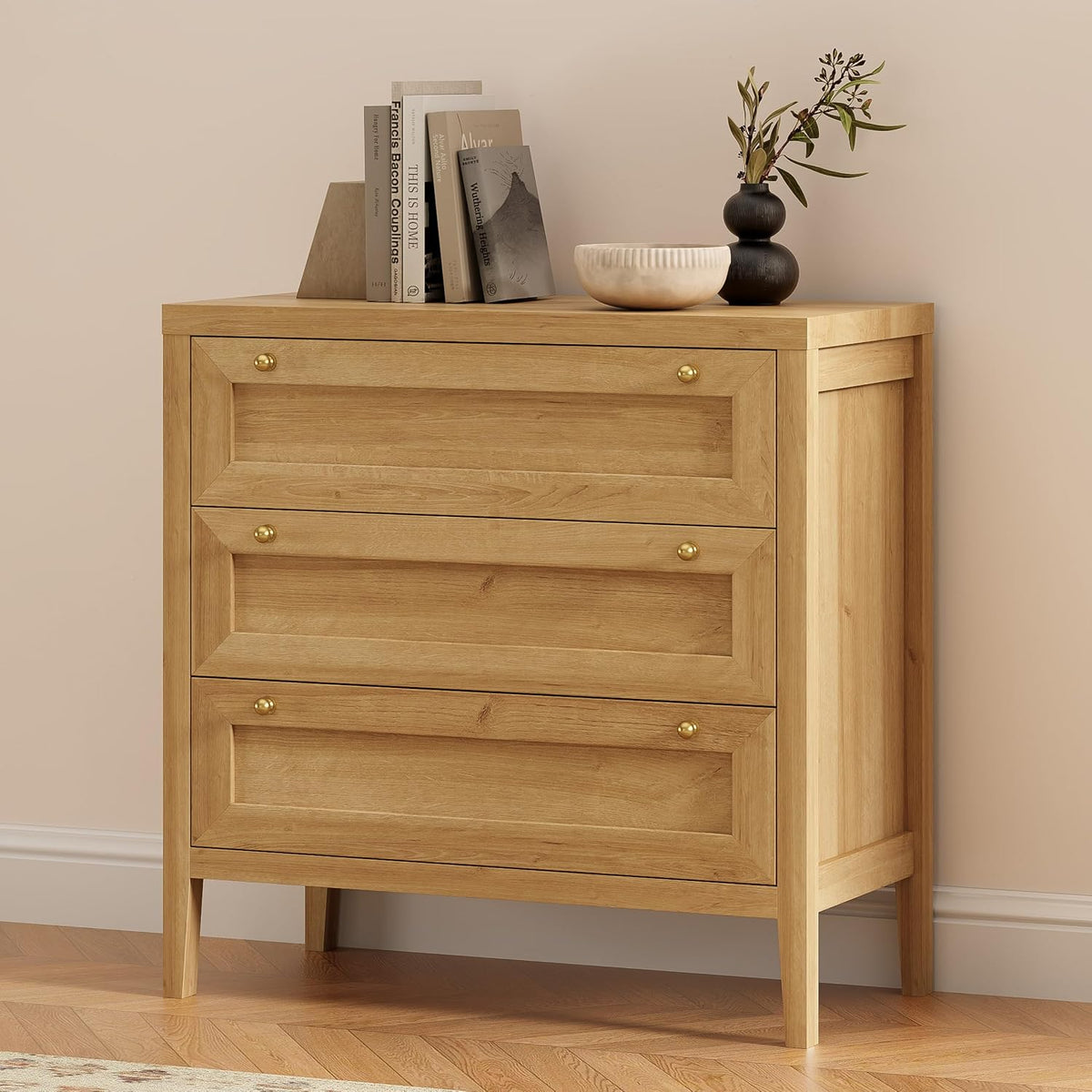 3 Drawers Dresser for Bedroom, Farmhouse Closet Storage Organizer with Golden Handles, Wooden Nightstand End Table for Living Room, Bedroom, Entryway, Hallway, Natural Oak