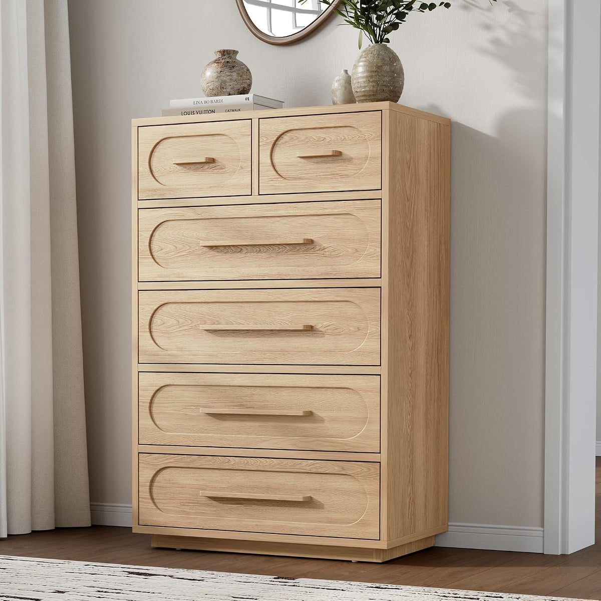6 Drawer Dresser for Bedroom, 44" Tall Modern Chest of Drawers with Solid Wood Handle, Large Wood Storage Dresser Organizer for Bedroom, Living Room, Natural Oak