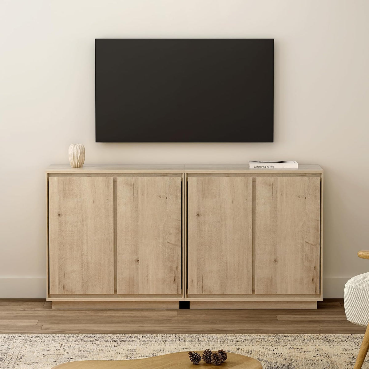 EYYTHUNG Buffet Storage Cabinets Set of 3, Sideboard Accent Cabinet with Adjustable Shelves and Handless Design, Credenza Console Table for Living Room, Light Oak