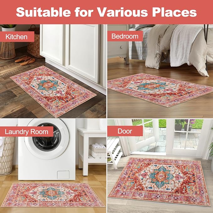Yamaziot Washable Area Rug, 2x3 Small Entryway Rug Non-Slip Boho Vintage Rug