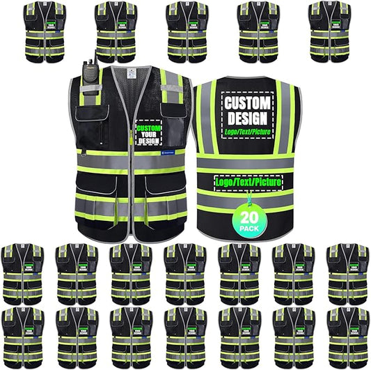 BeautyWill Custom Logo 10 Pockets Safety Vest Class2 ANSI Certified High Visibility Reflective Vest