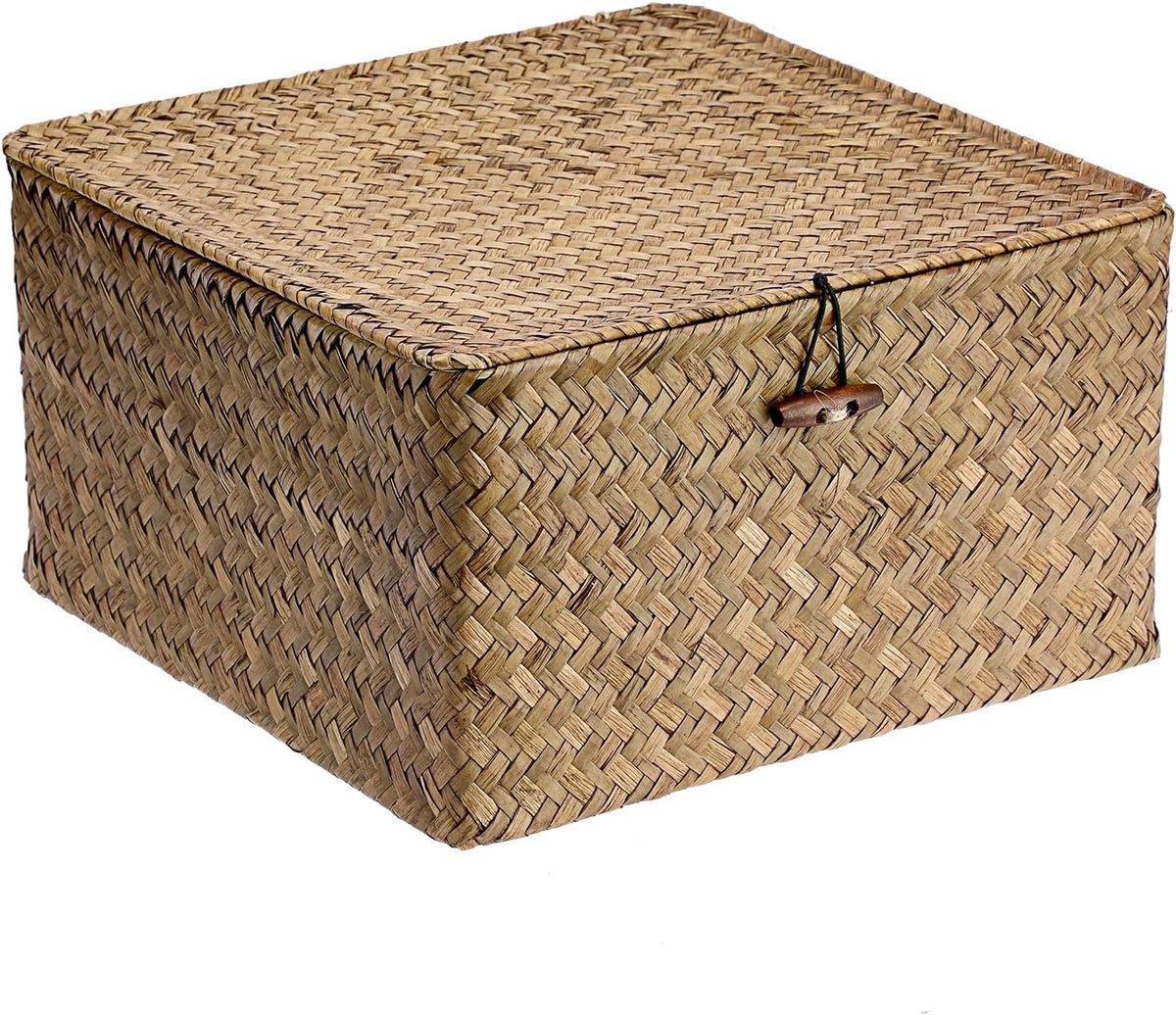 Hipiwe Seagrass Wicker Storage Basket Bin Boxes with Lid, Coffee, X-Large