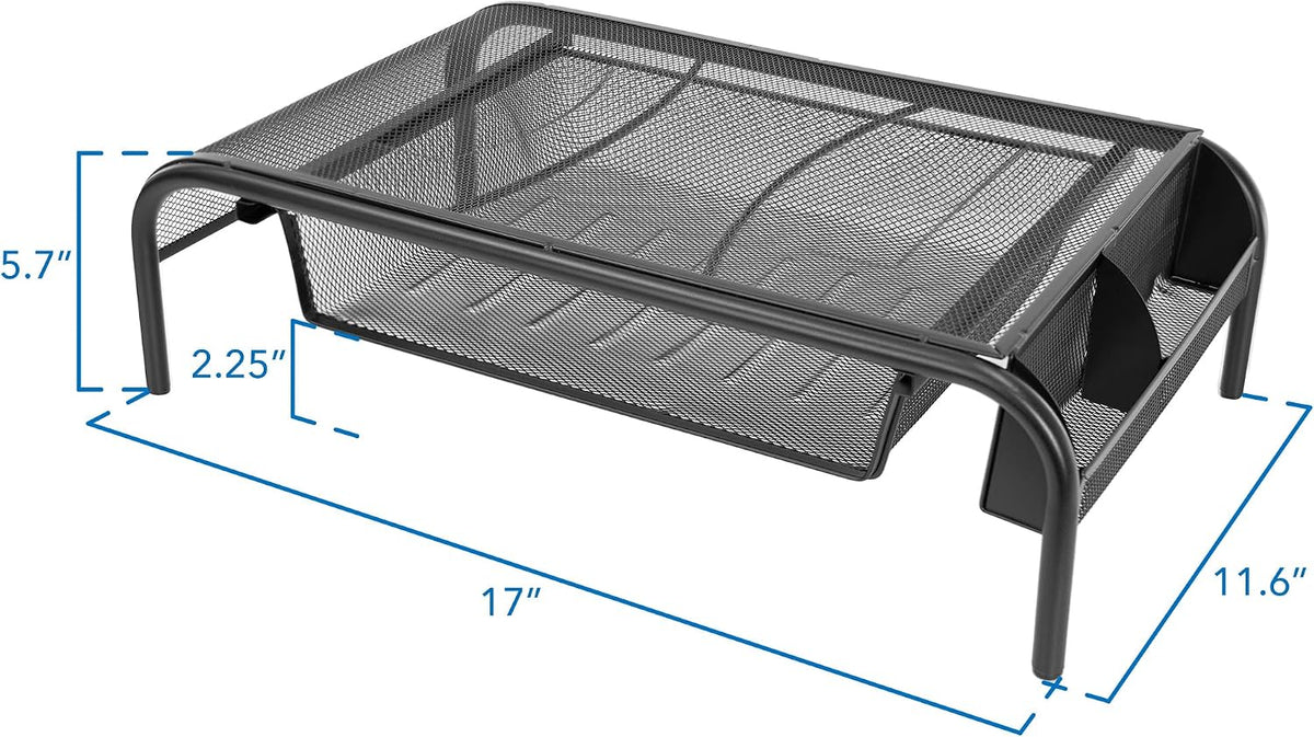 Mount-It! Metal Mesh Monitor Stand with Drawer, Ergonomic Desk Organizer and Riser for Monitors and Laptops, Desktop Stand with Extra Storage and Side Pocket, Black
