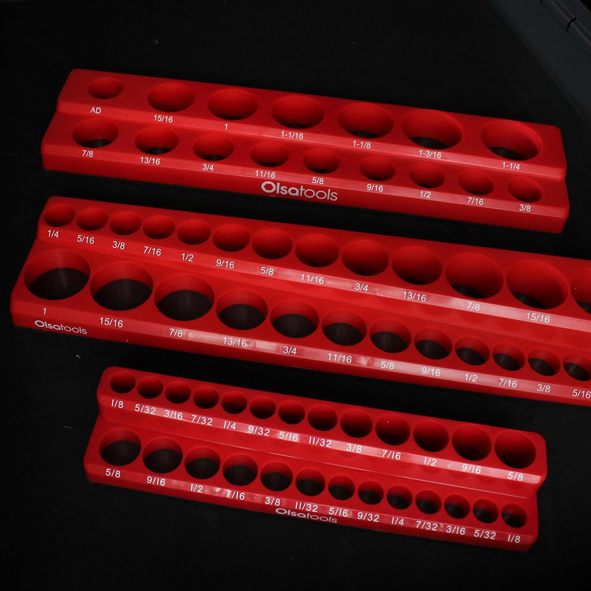 Olsa Tools Magnetic Socket Organizer - 3 Piece Socket Holder Kit - 1/2-Inch - 3/8-Inch - 1/4-Inch Drive - SAE - Red - Holds 68 Sockets - Professional-Grade Tool Organizer - Part: 1150
