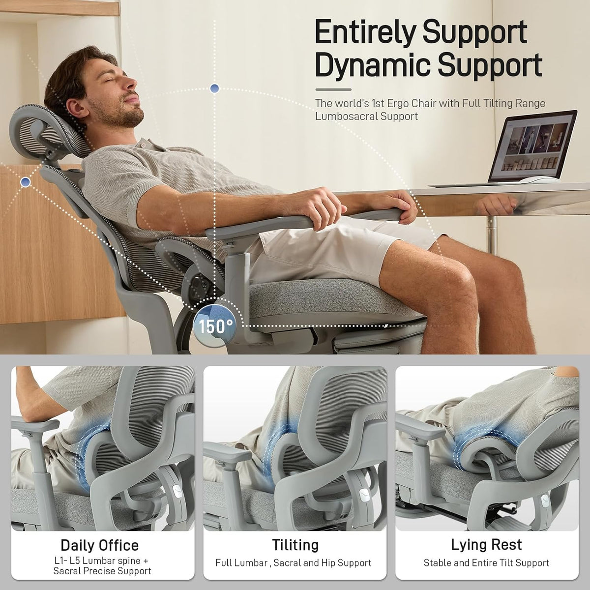 FLOW360 Ergonomic Mesh Office Chair with Footrest, Big&Tall Chair Gray FM