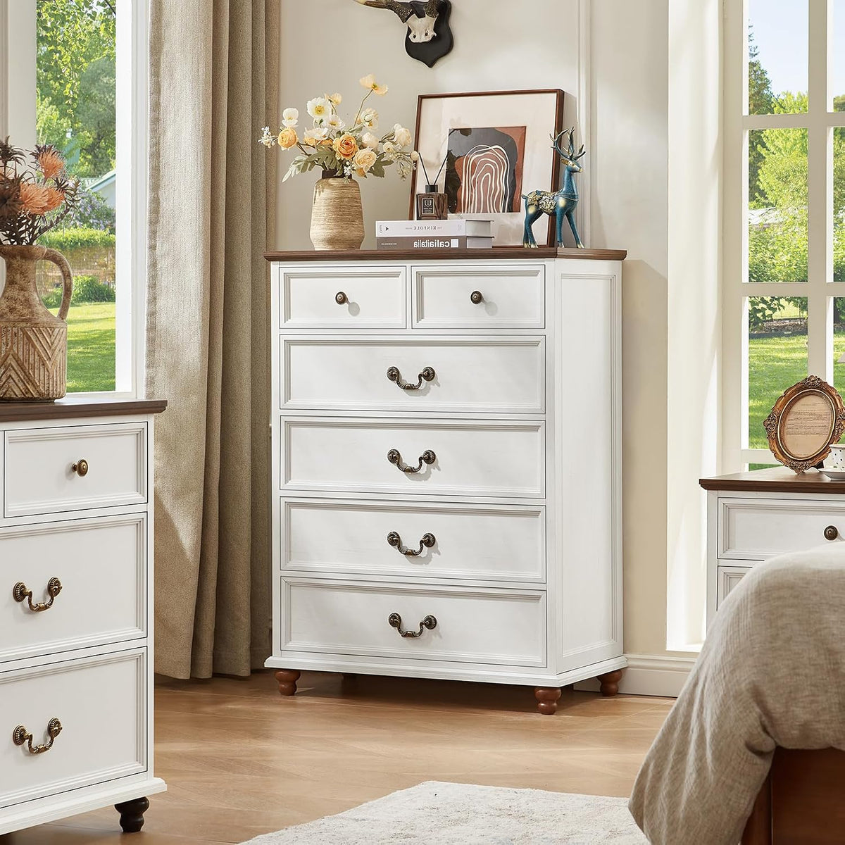 Joaxswe Farmhouse 6 Drawer Dresser Set of 2 for Bedroom, 42" Tall Rustic Chests of Drawers w/ 4 Solid Wood Feet, Mid Century Vintage Wooden Closet Storage Dressers Organizer for Living Room,White