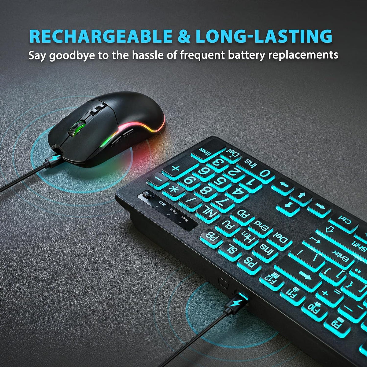 Light Up Keyboard and Mouse Wireless, Adjustable Brightness & Color, Rechargeable, Light Up Letters，2.4G USB Full Size Backlit Keyboard Mouse for Windows, PC, Laptop, Desktop, Gaming (Large Print)