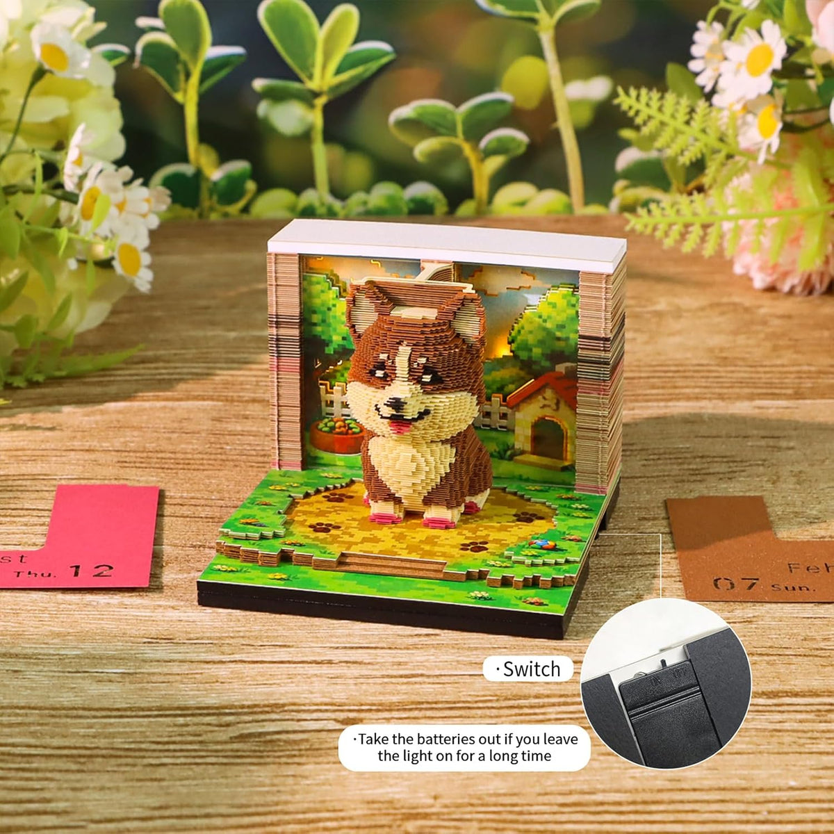 3D Calendar 2027, Desk Time Piece Calendar 2027,Tear-Away 3D Paper Art Notepad w LED Lights,Creative 3D Memo Artsy Pad Calendars, DIY Paper Carving Gift (Corgi)