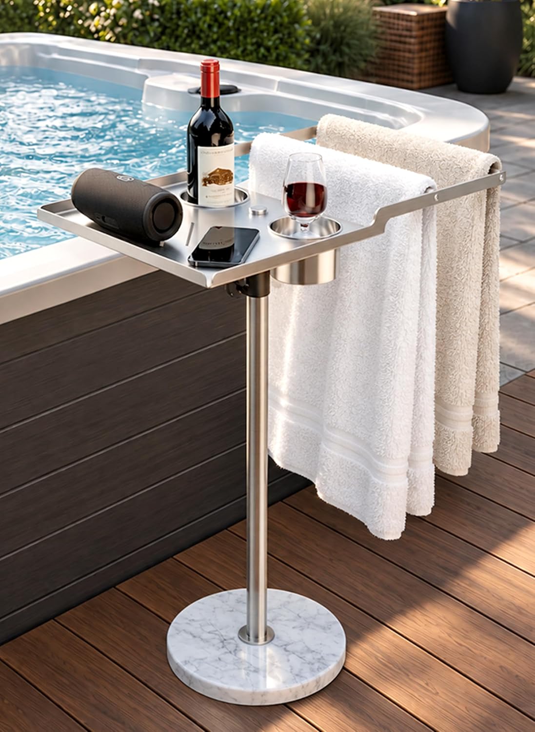 KES Outdoor Towel Rack for Hot Tub Pool, 13 Lb Natural Marble Weighted Base