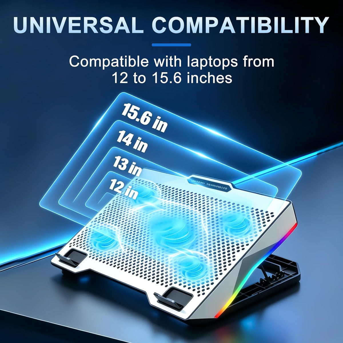AFI Electronics Laptop Cooling Pad, 5 Quiet Fans Gaming Laptop Cooler for 11–17 Inch, RGB LED, LCD Display, 6 Fan Speeds, 8-Height Adjustable Stand, Dual USB Ports, Notebook Cooling Stand