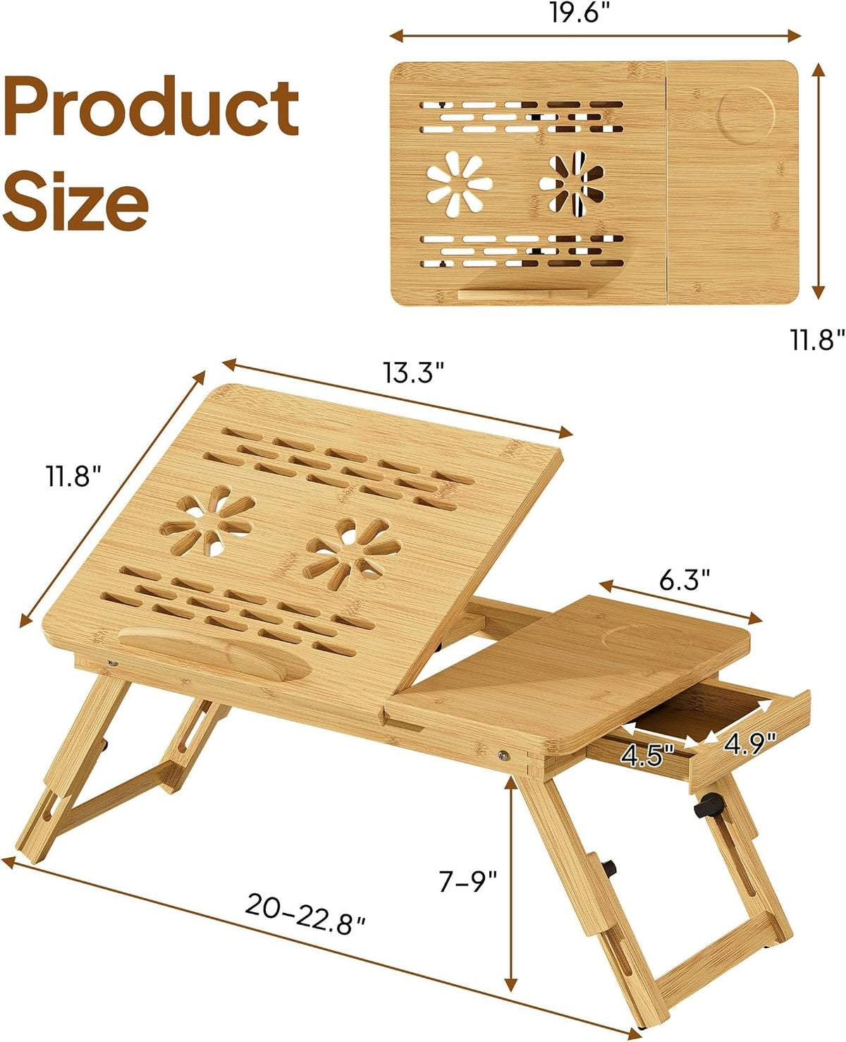 Bamboo Lap Desk, Adjustable Bed Desk with 4 Angle Options & Folding Design