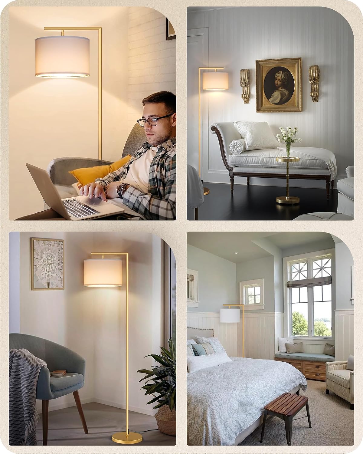Gold Dimmable Floor Lamp, Modern Arc Lamp with Remote, Standing Corner Light with Lampshade, Tall Reading Lighting for Bedroom, Living Room, Office, Den, White, LED Bulb Included, DW11LD05