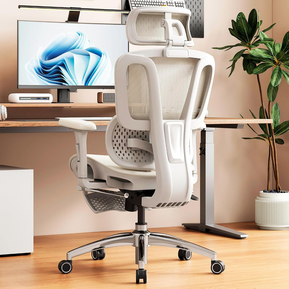 Vonesse Ergonomic Office Chair with Footrest, Desk Chairs with Dynamic Lumbar Support & Adjustable Depth Breathable Mesh Seat, Computer Gaming Chair with Adjustable 3D Headrest and Armrests (White)