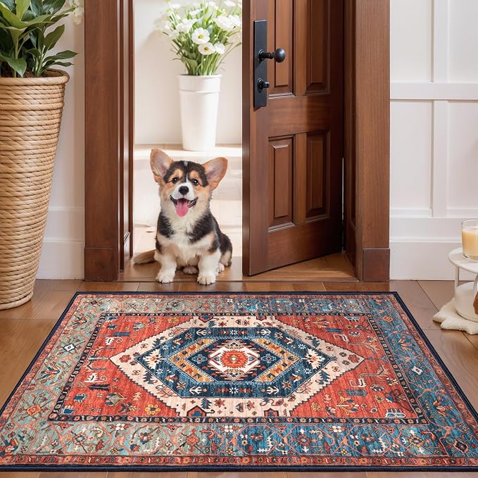 SERISSA Boho Rugs for Entryway, 2x3 Rust Entryway Rug Non-Slip Washable Small