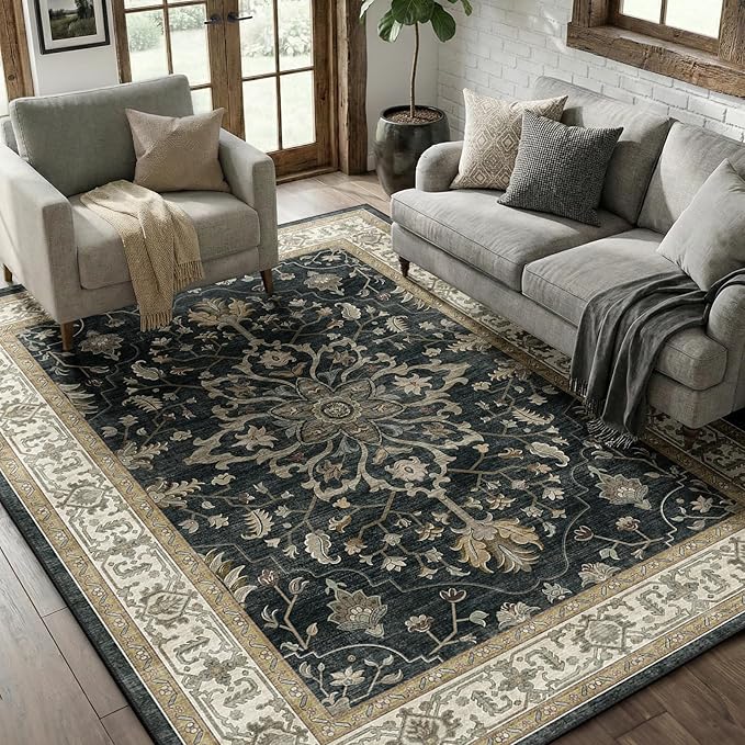 RELEANY Area Rugs 5'x7' Washable Non-Slip, Floral Vintage Distress Medallion