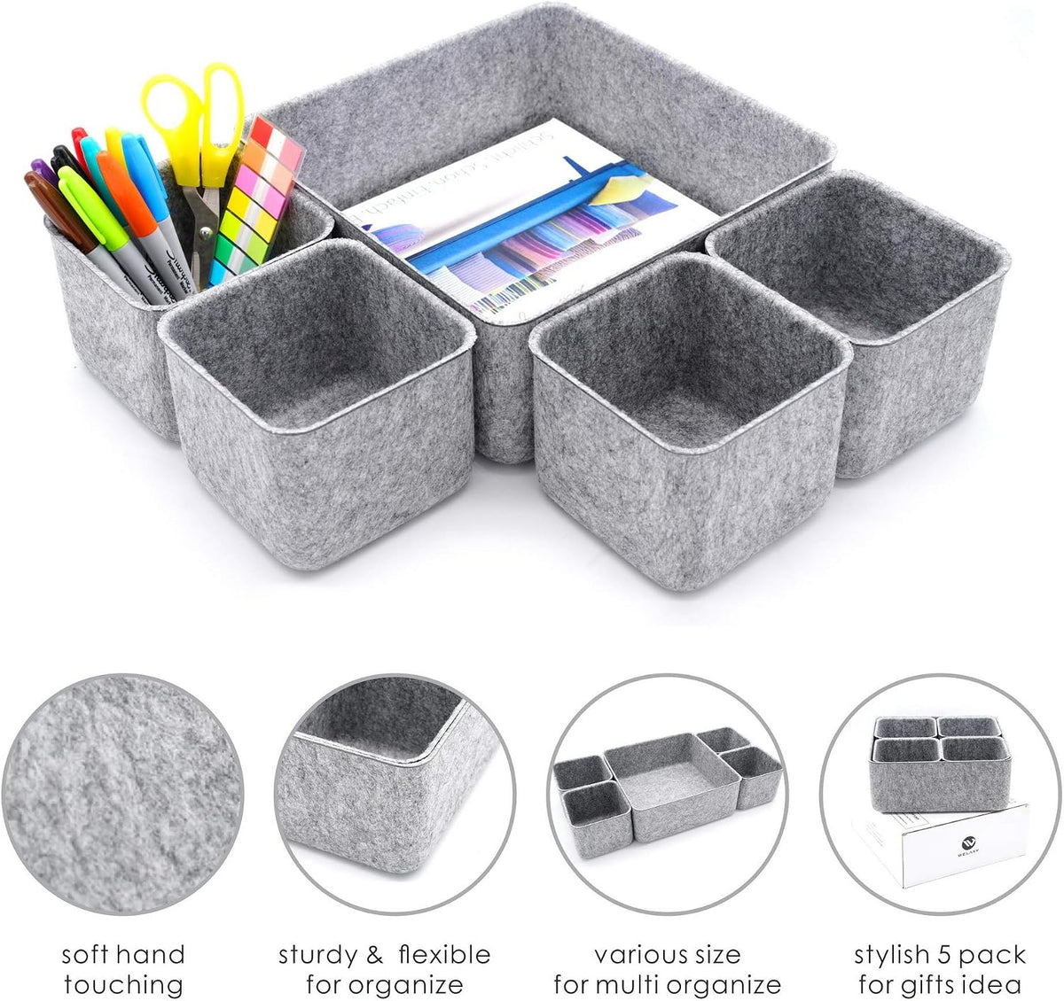 Welaxy Desk Organizers Storage bins Set Office Drawer Organizers Pen holder pencil cup phone stand sticky note storage Closet Cabinet boxes Organizing 5-piece Pack (Gray)