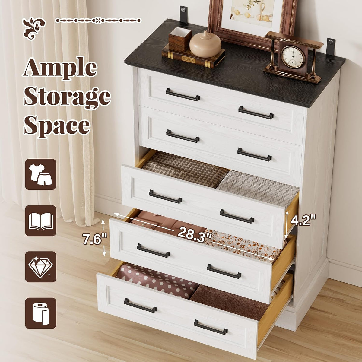 Furmax Farmhouse Dresser for Bedroom, 5 Drawers Dresser, White & Black
