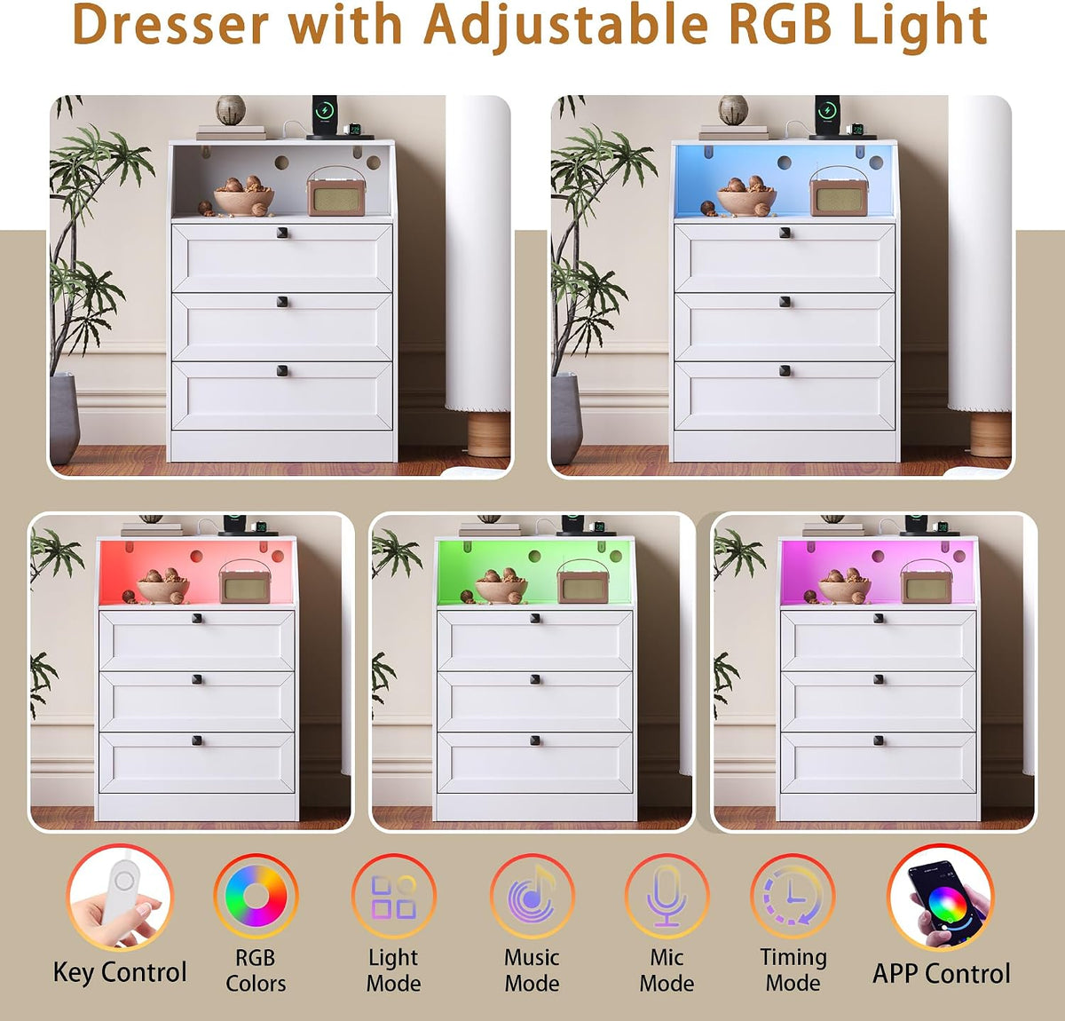 Wodeer White Dresser 3 Drawer Nightstand, Wood Night Stand with LED Lights, Charging Station, Metal Handles, Modern Storage Cabinet and Organizer Drawers for Living Room, Hallway