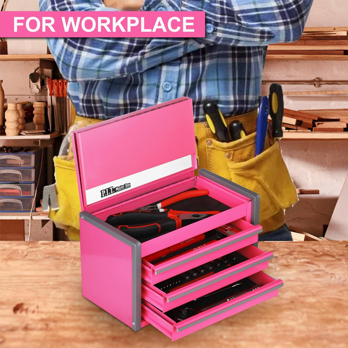 P.I.T. Mini Tool Box,3 Drawers Small Metal Toolbox for Tools Storage,Pink