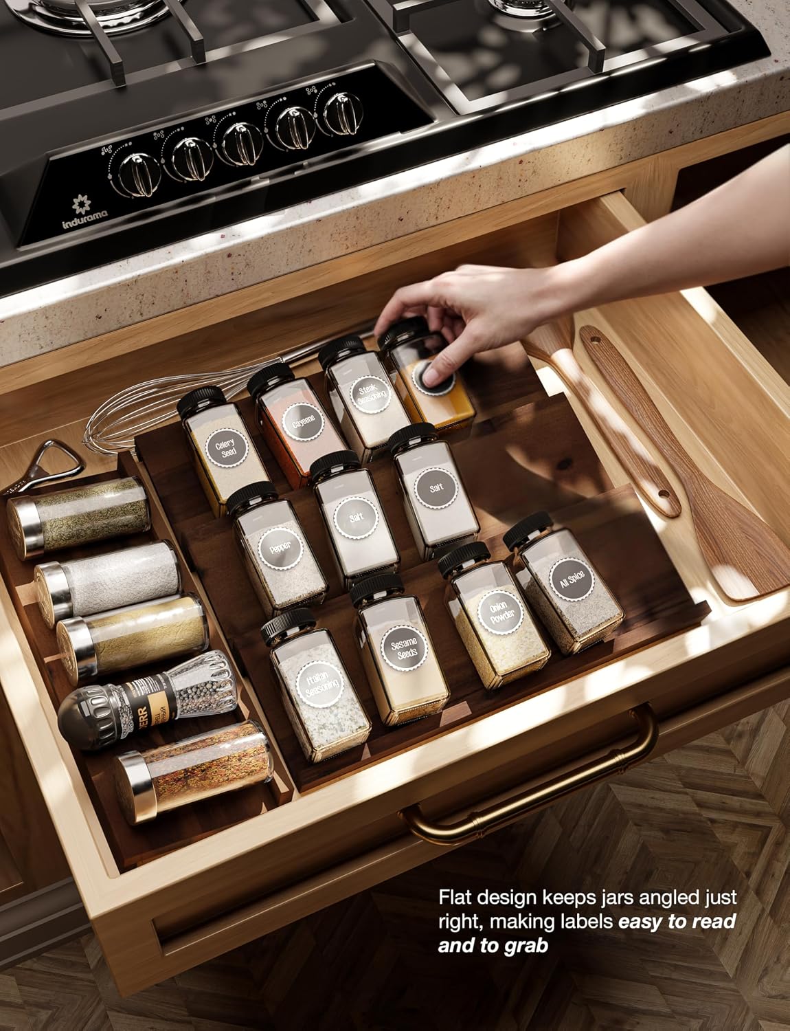 Tinamo Acacia Wooden Spice Rack Organizer for Cabinet, 8 Pcs, Walnut Finish