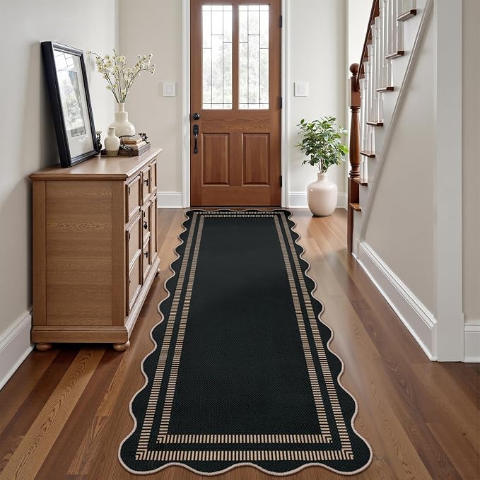 Scalloped 2.6x8 Kitchen Runner Rug, Washable Rugs