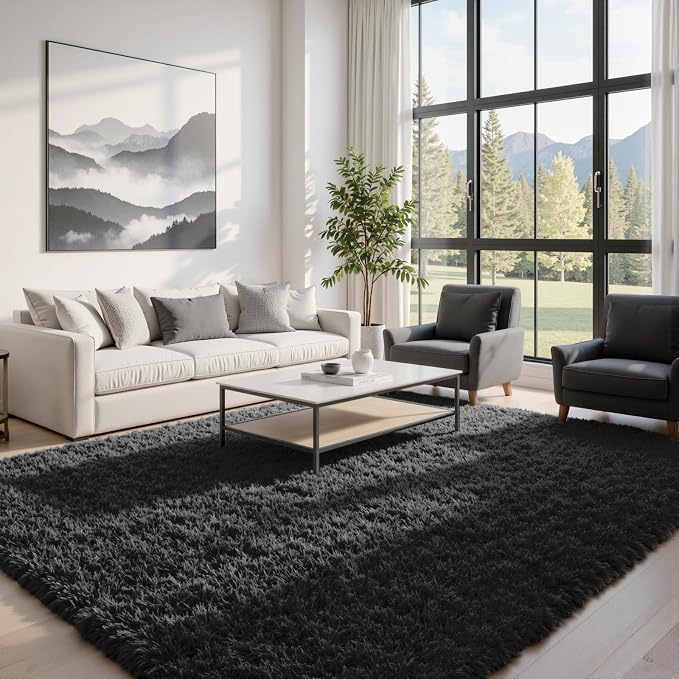 5x7 Area Rugs for Living Room: Ultra Soft Fluffy Shag Black Rug for Bedroom