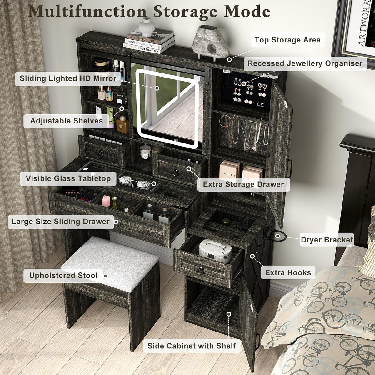 Farmhouse Makeup Vanity Desk with Sliding Mirror and Lights, 42 Wood Vanity Table Set with Glass Top, Power Outlets, Jewelry Storage Cabinet, 4 Drawers, Stool for Country Room Decor, Rustic Black
