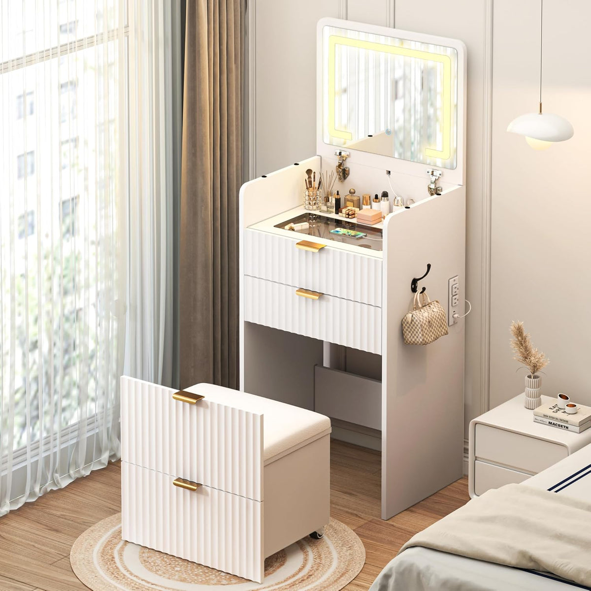 3 in 1 Vanity Desk with Flip Top Mirror and Lights, Small Makeup Vanity with 3 Drawers and Power Outlet, Modern Compact Dressing Table Set with Rolling Hidden Cushioned Stool for Bedroom, White