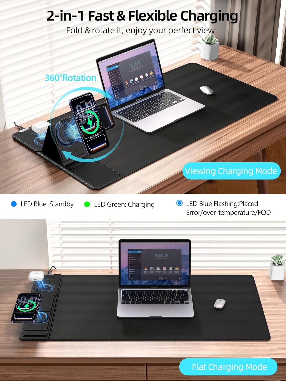 Mouse Pad with Magnetic Wireless Charging & Adjustable Phone Stand, 31.5"x15.8" Extended Desk Mat, Waterproof Ultra-Smooth Keyboard Pad, Non-Slip Base, with 20W PD Adapter, Black