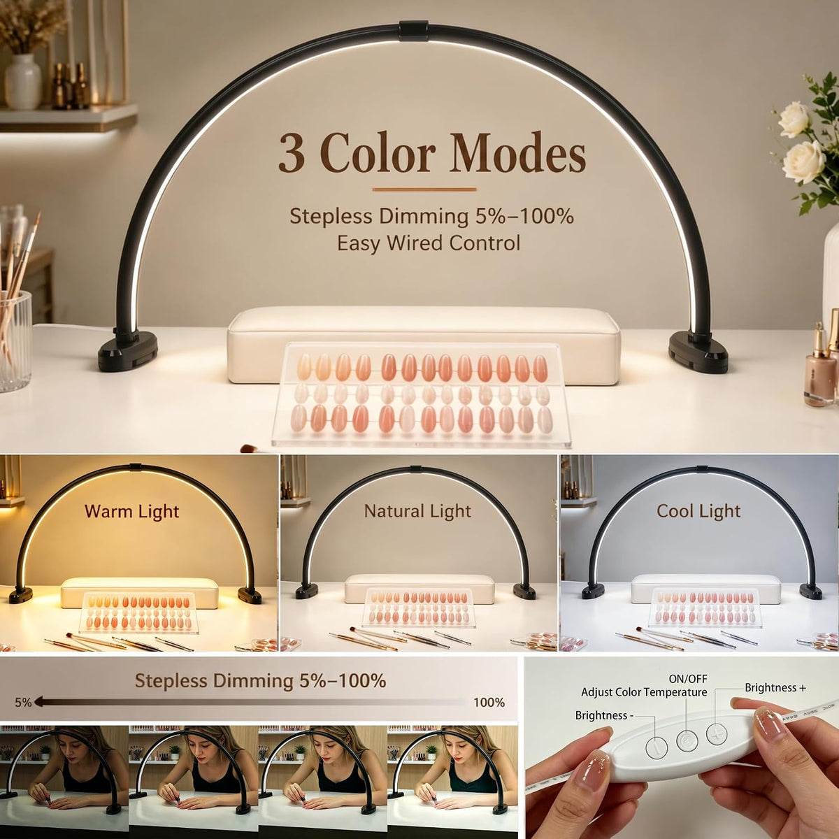 Half Moon Light for Nail Desk,23 Inch Detachable Foldable LED Nail Desk Lamp,3 Modes Color Temperature,0%-100% Stepless Dimming,180°Shadowless Lighting for Nail Art,Eyelash, Makeup,Tattoo(Black)
