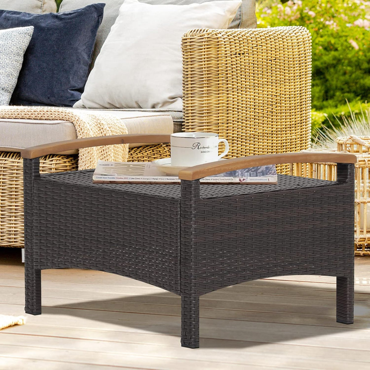 RELAX4LIFE Outdoor Wicker Ottomans for Patio - 2 Pieces PE Rattan Ottoman, Footrest Seat with Zippered Cushions, Acacia Wood Handles, 3-in-1 Footstool, Side Table for Poolside, Backyard (Brown)